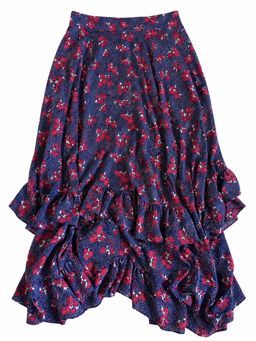 Boden Navy High-Low Ruffle Skirt with Red Floral Print